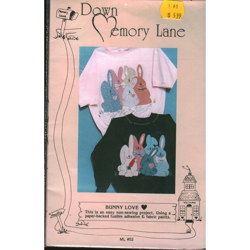 Vintage 1993 Down Memory Lane Bunny Love Non-Sewing Applique Pattern Easter